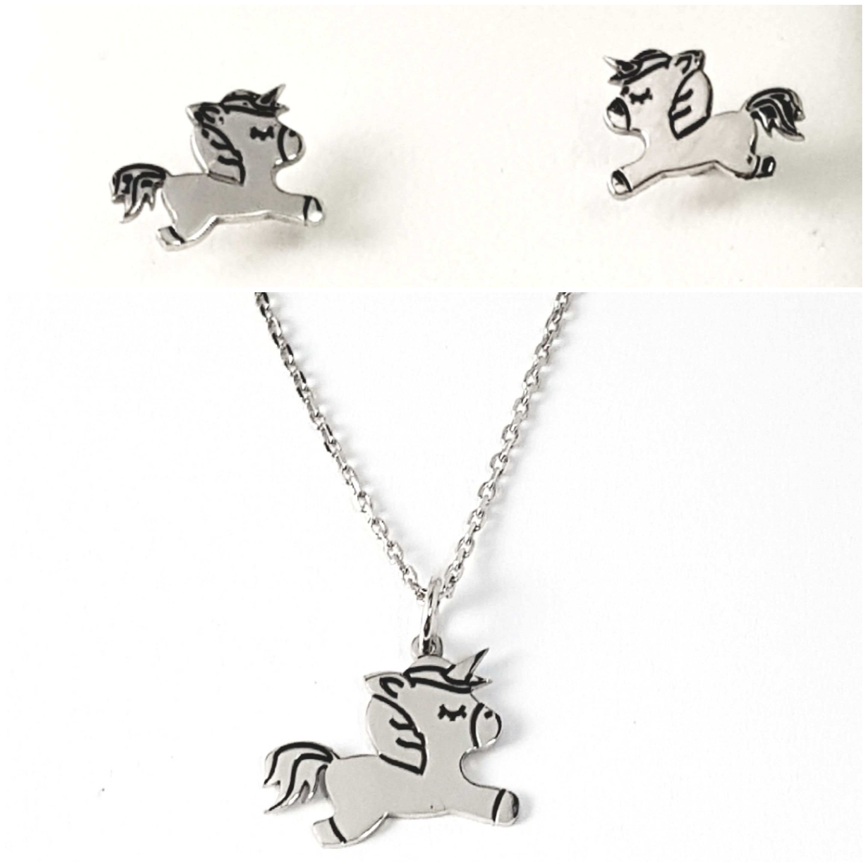 Conjunto de pendientes y collar de plata con forma de unicornio.
